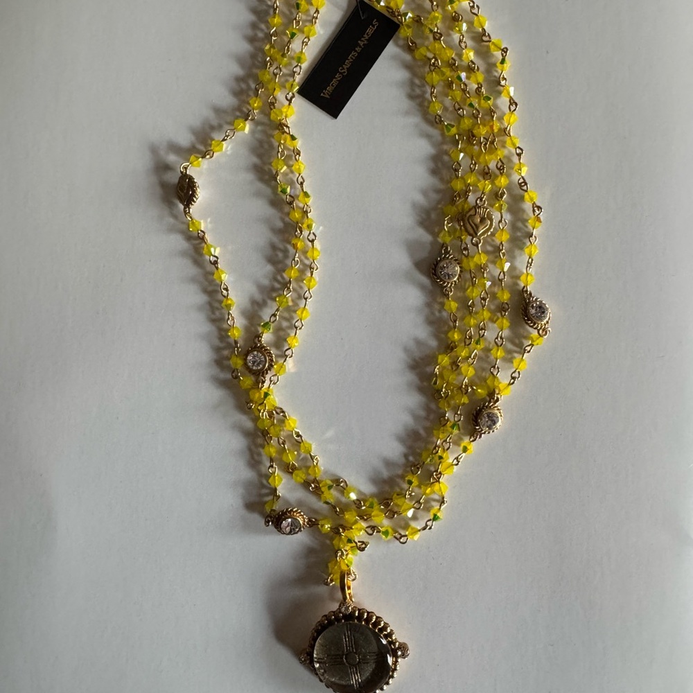 Virgins Saints & Angels Magdalena Chartreuse Crystal Necklace with Zia Medallion - Picture 3 of 10